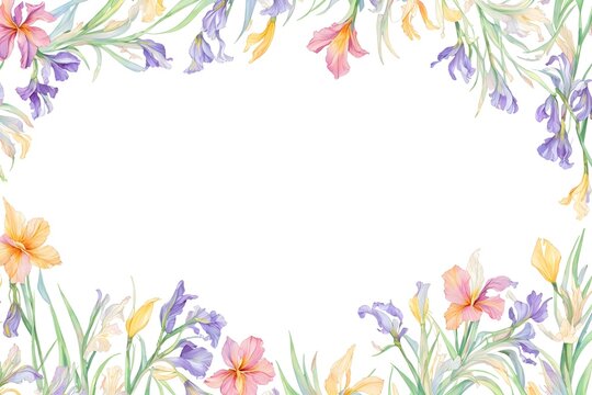Watercolor drawing with irises and leaves. Mother's Day card. Floral pattern for wallpaper or fabric with iris flowers. Templates for design, botanical illustration in watercolor style. Generative AI © 360VP