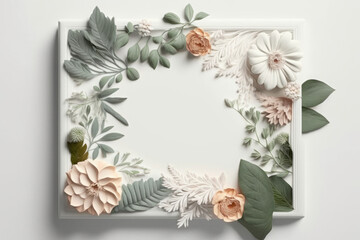 Fototapeta na wymiar White frame on white background with paper flowers and leaves with copy space in the middle, generative AI