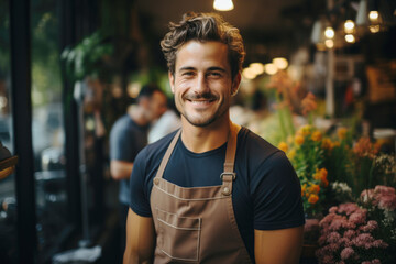 Proud flower shop owner standing on the street in front of his store, confident entrepreneur, small business owner