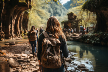 Fototapeta premium Group photo of tourists hiking and exploring a picturesque nature trail, tourist, trips Generative AI