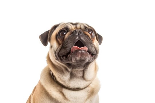 The pug dog sits with his eyes closed, his mouth open, and his tongue hanging out on a white backdrop.