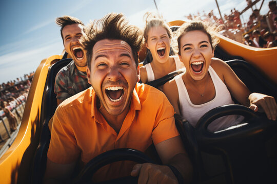 Group photo of tourists enjoying a thrilling amusement park or entertainment venue, tourist, trips Generative AI