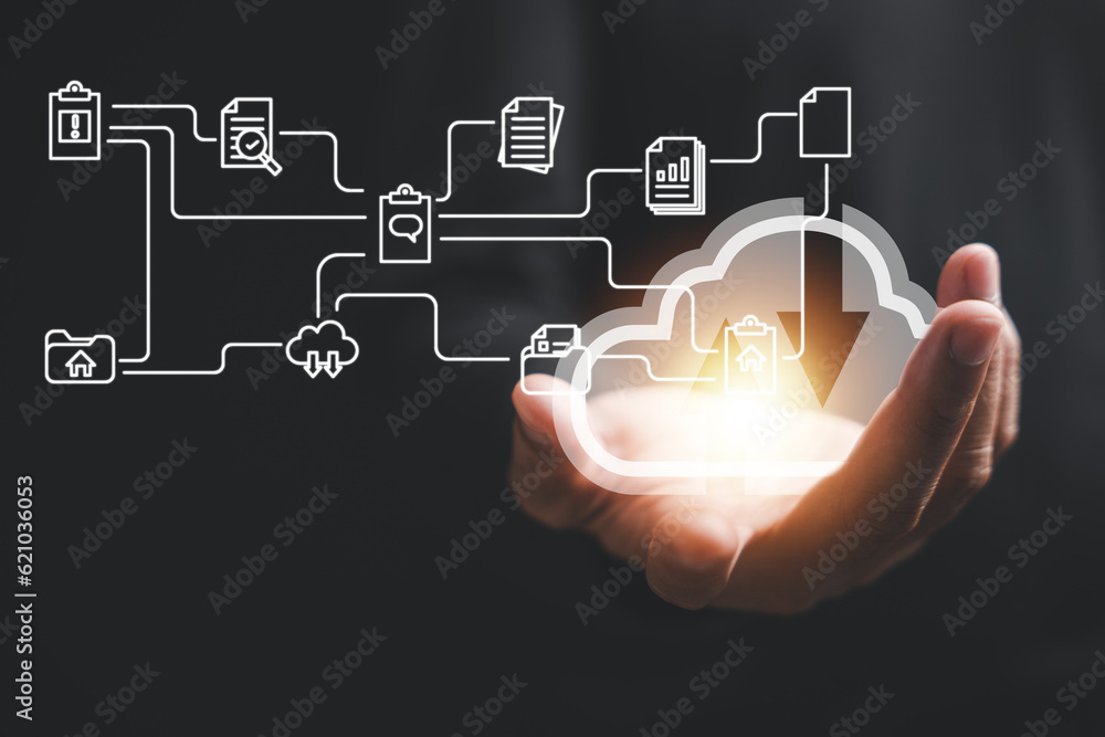 Aufkleber hand of a businessman confidently holds the cloud computing icon, symbolizing the transformative clo