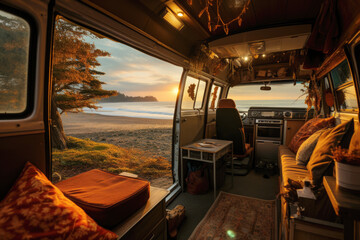 Interior of a trailer of mobile home, or recreational vehicle standing on the shore. Camping in the nature, and family travel concept.