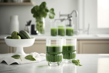 Green smoothie in two glasses on a kitchen countertop, generative AI
