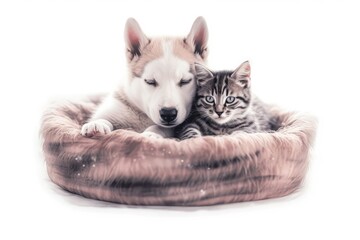 Bengal cat and Siberian Husky puppy sharing a bed. alone on a white background. made using generative AI tools