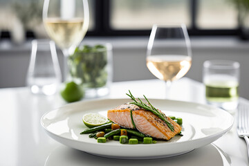 Grilled salmon on a plate served with green beans and white wine, generative AI