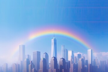 Plakat rainbow over a line of towering skyscrapers in a hazy blue sky.