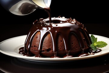 Chocolate bundt cake being dipped in the chocolate sauce