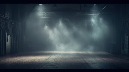 theatrical set with fake fog and haze over a dark backdrop. made using generative AI tools - obrazy, fototapety, plakaty