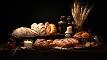 Various types of bread on dark background
