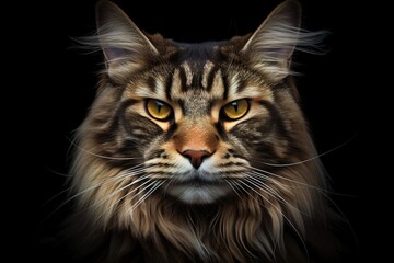 Portrait of majestic beautiful maine coon cat on black background.