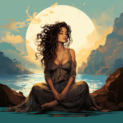 Digital illustration, 3D sexy woman brunette sitting on the rock with crossed legs, peaceful quiet meditation, long hair. Stylish low-cut dress. Ai, fantastic background with sea at sundown - obrazy, fototapety, plakaty