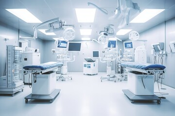 equipment and medical devices in modern operating room take with art lighting and blue filter. Generative AI
