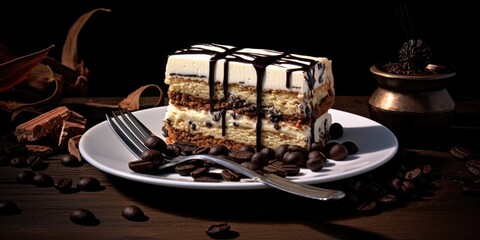 slice of tiramisu cheese cake with coffee beans and cookies on a plate Generative AI