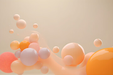 3D background of abstract transparent translucent plastic bubbles and blobs, pink, orange, that float in the air isolated on beige background. Abstract scene. copy space. Generative ai