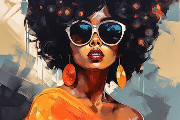 Generative AI portrait illustration of beautiful black girl surrounded by colors. Fashion illustration style