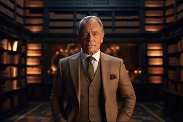 Wealthy elderly male businessperson millionaire in elegant suit standing in library. Generative AI - obrazy, fototapety, plakaty
