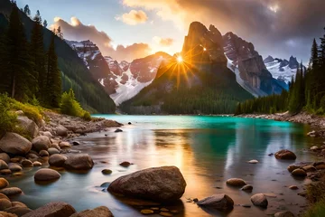 Foto op Plexiglas lake in the mountains with sunrise © Ali