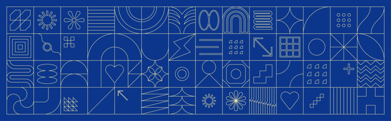 Circuit board background. Blue geometric pattern with lines and strokes. Minimalist banner with basic shapes. Outline illustration.