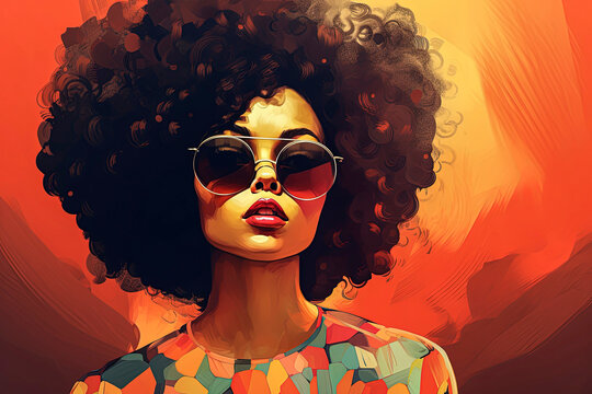 Generative AI portrait illustration of beautiful black girl surrounded by colors. Fashion illustration style