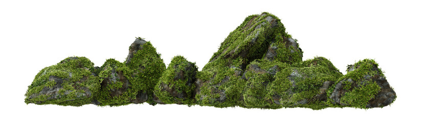 Architectural and landscape concept. Top and side view grey stone with moss isolated on transparent background. 3d rendering illustration. PNG format   © TOP LAYER STUDIO