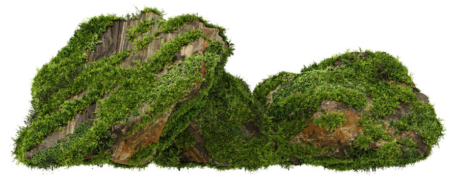 Architectural and landscape concept. Top and side view grey stone with moss isolated on transparent background. 3d rendering illustration. PNG format	
