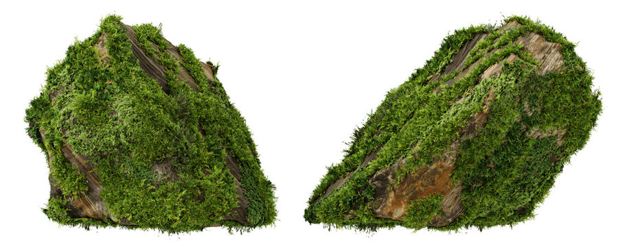 Architectural and landscape concept. Top and side view grey stone with moss isolated on transparent background. 3d rendering illustration. PNG format	
