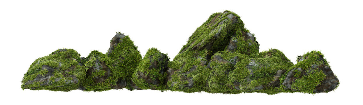 Architectural and landscape concept. Top and side view grey stone with moss isolated on transparent background. 3d rendering illustration. PNG format	
