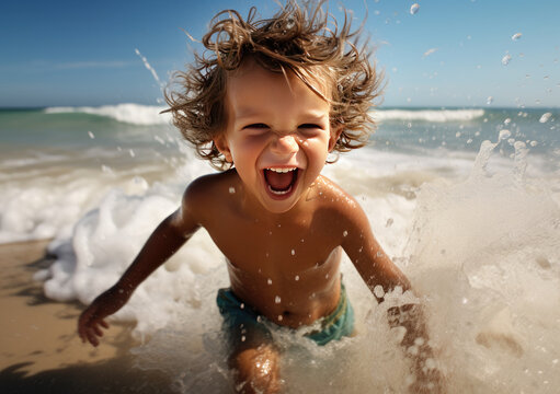 Close-up of a young boy paddling in the waves screaming with joy