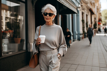 A stylish elderly woman in eyeglasses walks along a city street with a mug of coffee to go.