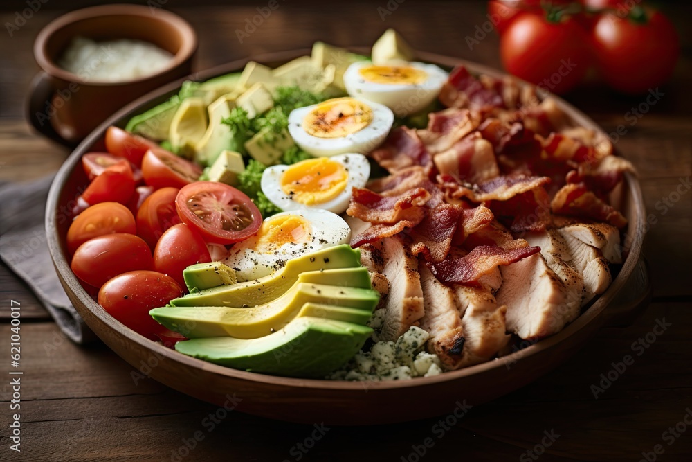 Sticker A hearty American classic, Cobb salad has an egg, bacon, avocado, chicken, and tomatoes. an effective low-carb ketogenic diet