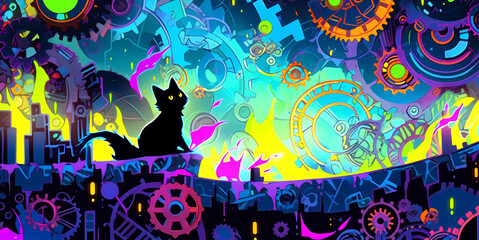 hand drawn cartoon abstract art cat illustration
