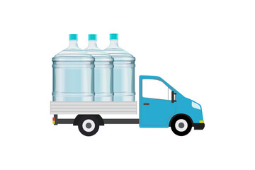 Delivery of water in 19 letter or 5 gallon bottles by truck. A concept for water delivery by van. The car carries 3 bottles of 5 gallons, vector illustration.