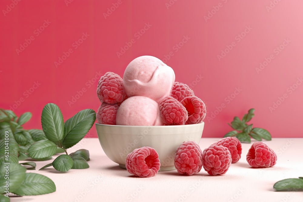 Poster with handmade raspberry ice cream and fresh raspberries. a summer meal. made using generative ai too