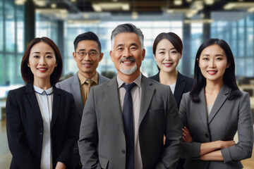 Fototapeta premium Asian business team look at camera posing for group portrait during business travel. Generative AI