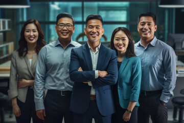 Obraz premium Asian employees and male business team leader in office, group corporate portrait. Generative AI