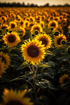 AI generative image of sunflower field in the evening time