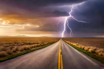 thunderstorm and lightning over road in nevada desert, lightning in the sky, dry brown grassland, cloudy sunset background, digital illustration, digital painting, realistic illustration, ai painting