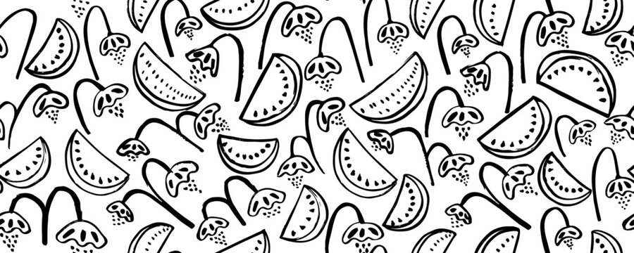 Hand drawn vector seamless pattern with  watermelon slices. Tropical summer fruit illustration in black and white colors.
