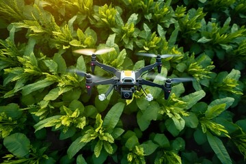Drone monitoring crops and smart agriculture in a digital farming.  AI Generative