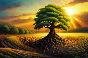 Painting of a large tree at sunset, beautiful fantasy landscape, warm sunlight and vibrant colors, large spreading roots, fertile brown soil, golden hour, oil painting, tree of life concept,