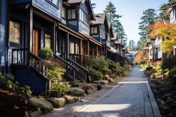 Sunlit Cobblestone Lane: Row of Dark-Wood Townhouses with Autumnal Foliage