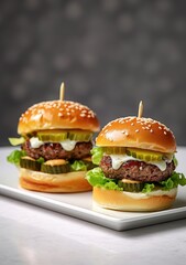 Two hamburger beef burger with mozzarella sauce, pickles and lettuce, hamburger on a plate