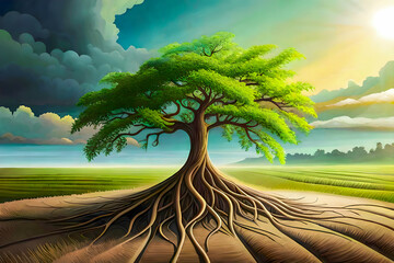 Painting of a large tree with big spreading roots, beautiful fantasy landscape, bright daylight and vibrant colors, green grass fields in the background, tree of life illustration, 