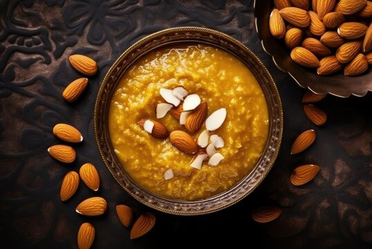 BADAM HALWA / ALMOND SHEERA (WITH ALMOND FLOUR SERVED ON A GOLDEN BOWL