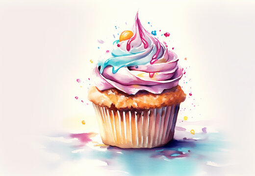 Watercolor cupcakes with cream and sprinkles on white background. Generative AI 