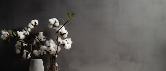 Still life with cotton flowers. Flowers composition on empty concrete background.Close up of flowers blooming.Botanical wallpaper, greeting card,template.Natural, organic concept.Generative ai. 
