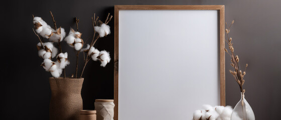  Loft, modern interior mockup with empty frame on concrete textured wall with cotton flowers. Luxury hotel, spa, wellness resort background  Vacation template. Minimalism. Generative ai.