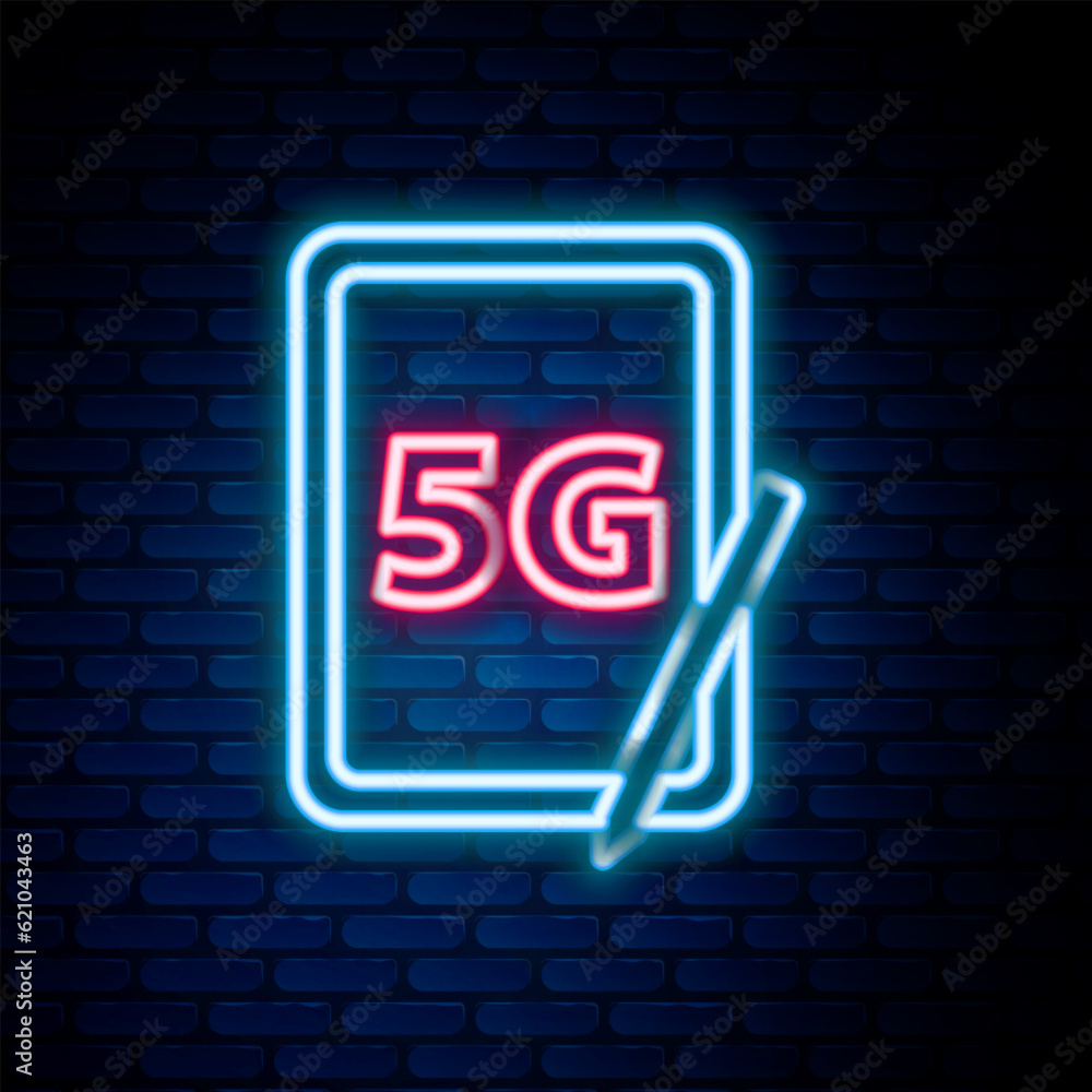 Poster glowing neon line graphic tablet with 5g wireless internet wifi icon isolated on brick wall backgrou